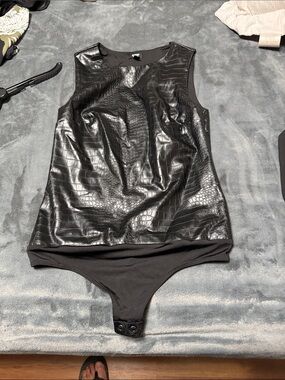 Express Black Croc-Embossed Faux Leather Sleeveless Bodysuit
